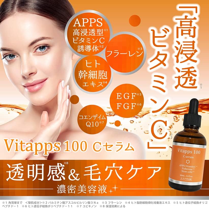 Vitapps 100Cセラム　60ｍｌ 浸透型ビタミンC美容液　ヒト幹細胞美容液　フラーレン美容液　EGF美容液　コエンザイムQ１０美容液