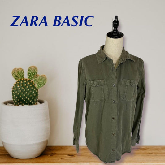 ZARA BASIC デニムシャツ　グリーン　Mサイズ　着こなし感有