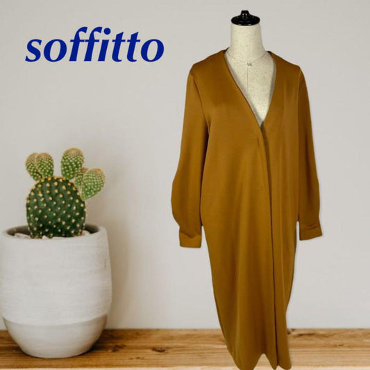 【美品】soffitto ノーカラーロングコート　サイズF　黄土色　袖ギャザー