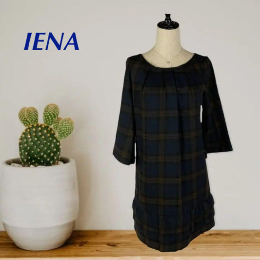 IENA ワンピース　紺と茶のチェック柄　サイズM 肩幅38 日本製